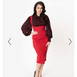 Unique Vintage Red Fontaine Suspender Pencil Skirt